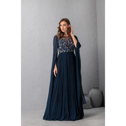 House of Tushaom Hand Embroidered Midnight Blue Gown