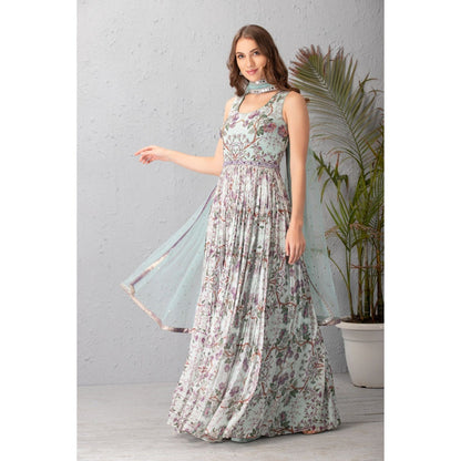 House of Tushaom Floral Ice Blue Anarkali with Mukaish Net Dupatta (Set of 2)