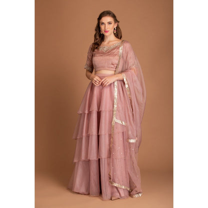 House of Tushaom Mauve Chawk Lehenga with Stripper Blouse and Dupatta (Set of 3)