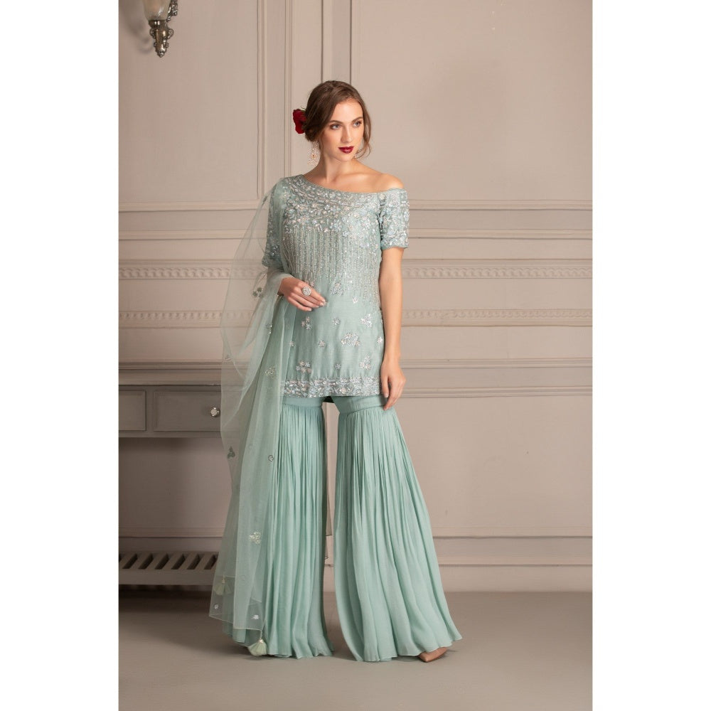 House of Tushaom Ice Blue Sharara with One Shoulder Kurta and Dupatta (Set of 3)