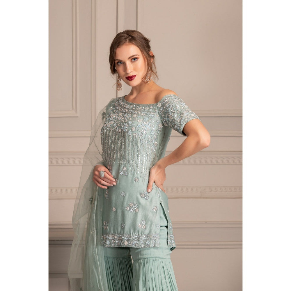 House of Tushaom Ice Blue Sharara with One Shoulder Kurta and Dupatta (Set of 3)