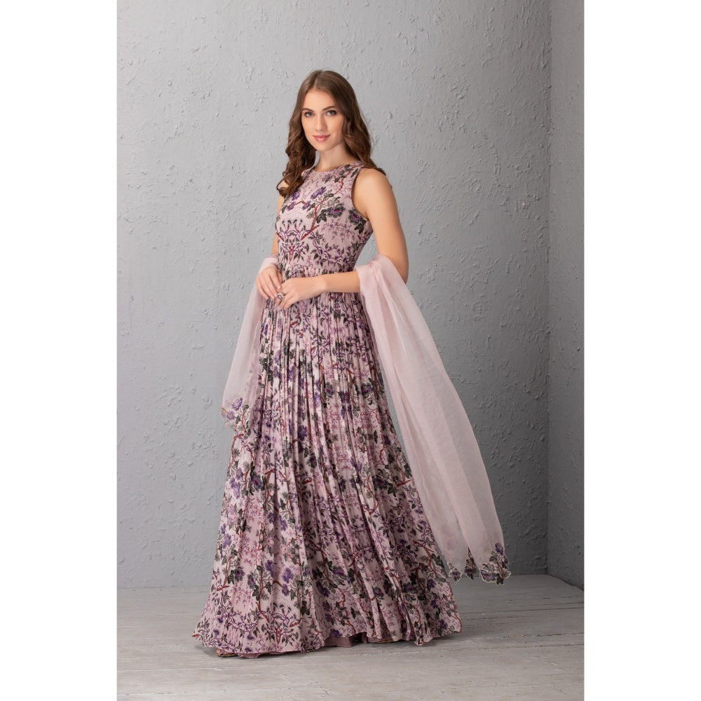 House of Tushaom Mauve Floral Anarkali with Dupatta (Set of 2)