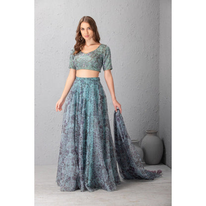 House of Tushaom Mineral Blue Floral Lehenga with Blouse (Set of 3)