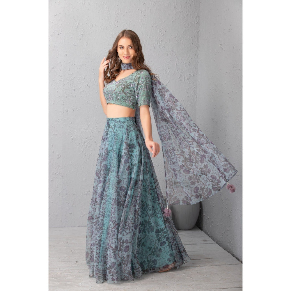 House of Tushaom Mineral Blue Floral Lehenga with Blouse (Set of 3)
