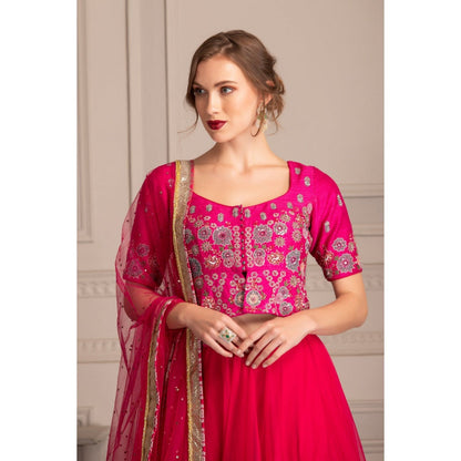 House of Tushaom Hot Pink Lehenga with Blouse with Dupatta (Set of 3)