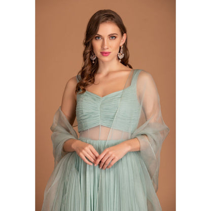 House of Tushaom Blue Ruching Detail Anarkali with Dupatta (Set of 2)