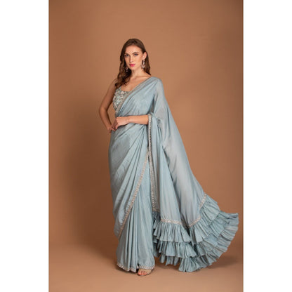 House of Tushaom Blue Ruffle Saree with Stitched Blouse