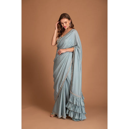House of Tushaom Blue Ruffle Saree with Stitched Blouse