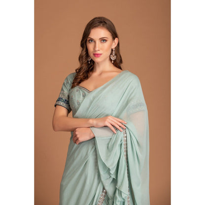 House of Tushaom Blue Ruffle Pre Draped Saree with Stitched Blouse