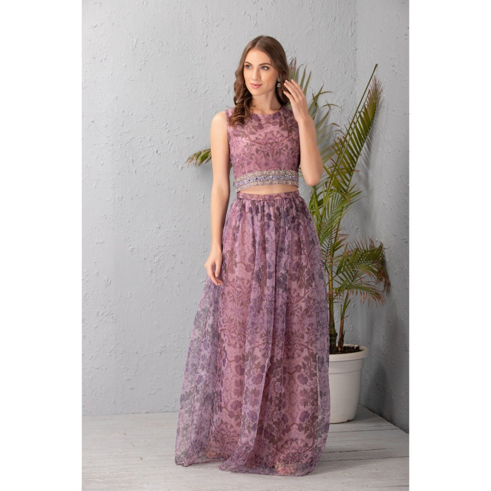 House of Tushaom Mauve Embellished Skirt with Top (Set of 2)
