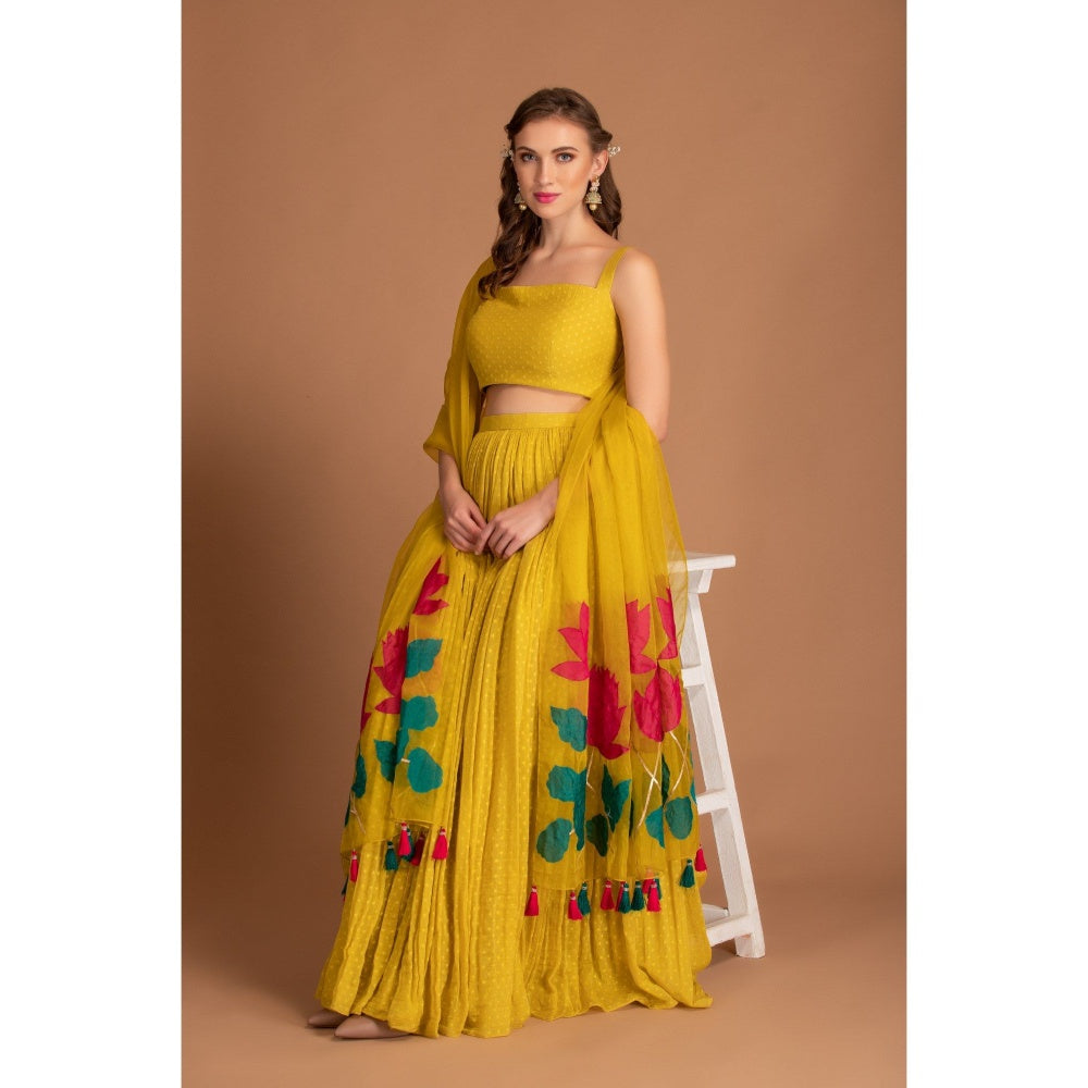 House of Tushaom Yellow Lehenga with Blouse and Dupatta (Set of 3)