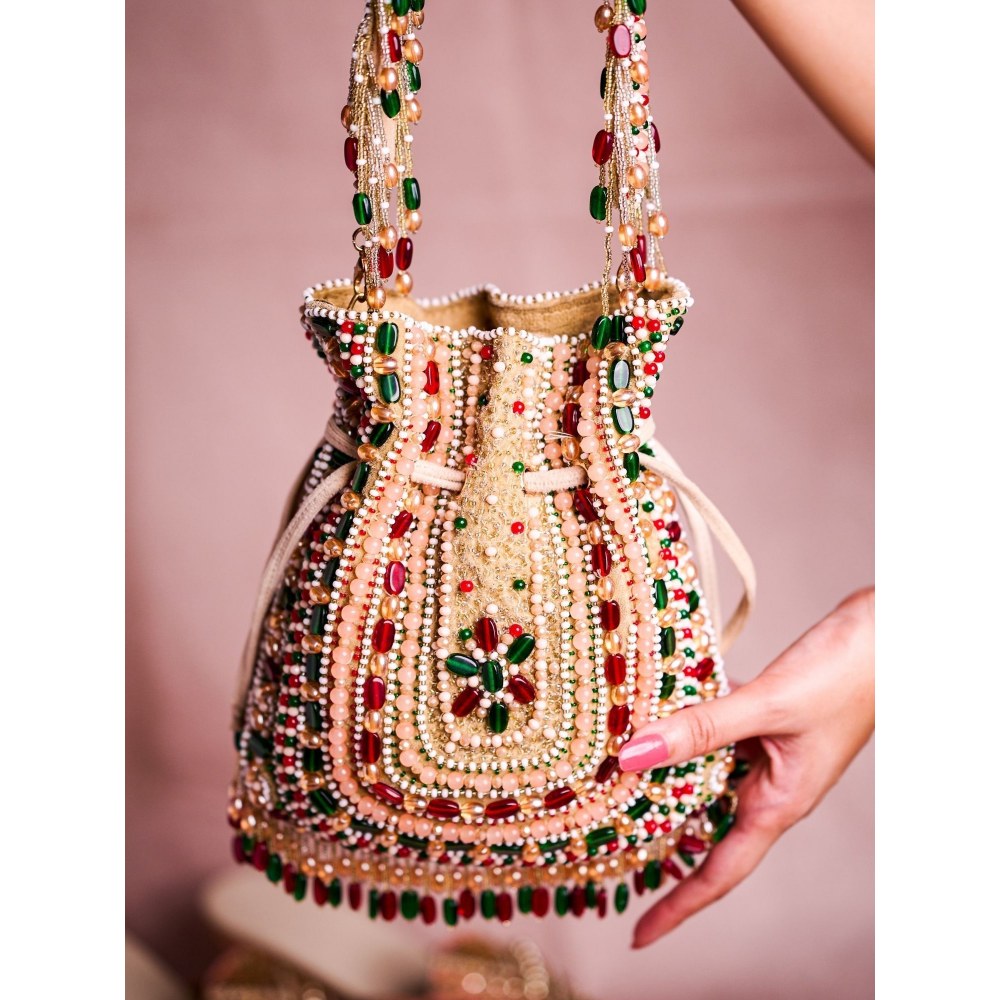 House Of Kosha Aiza Multi-Coloured Suede Embellished Potli
