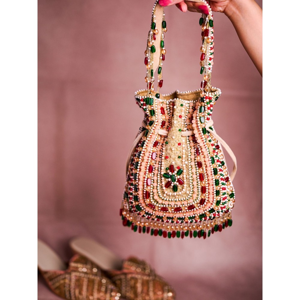 House Of Kosha Aiza Multi-Coloured Suede Embellished Potli