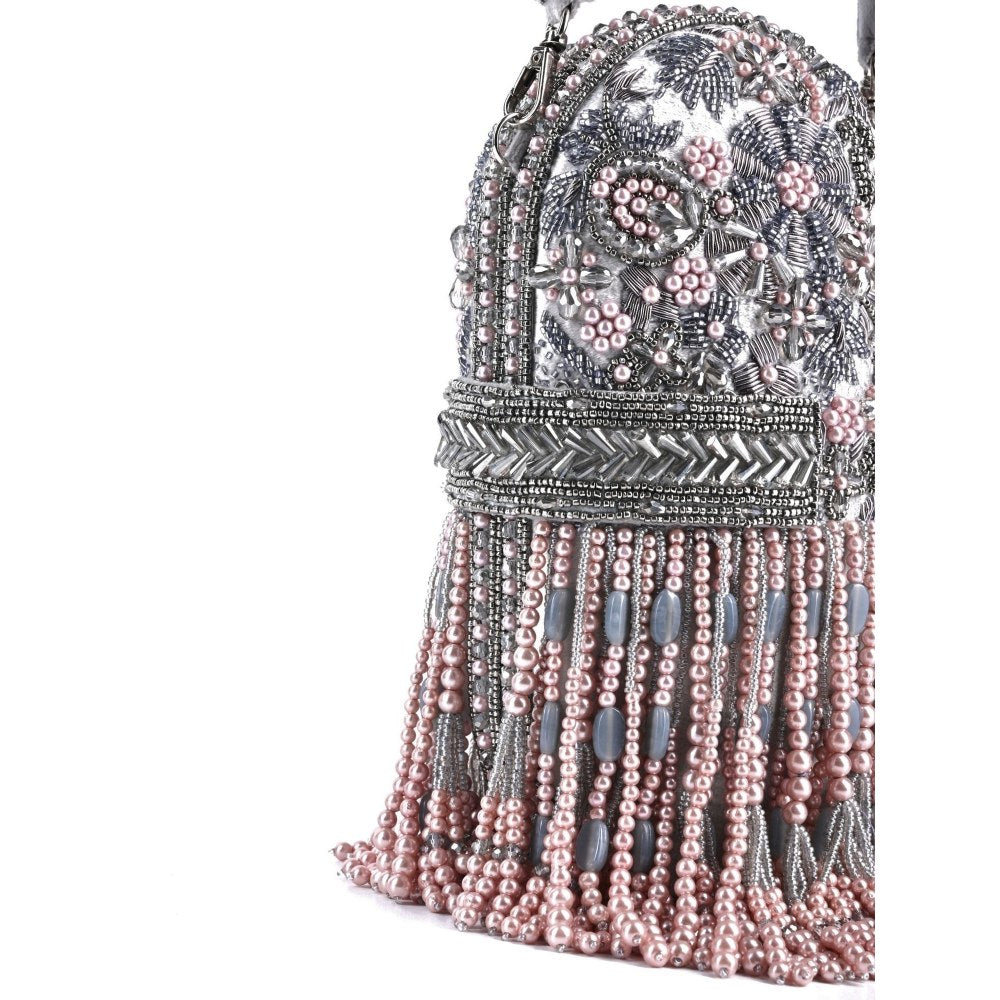 House Of Kosha Azmat Grey Suede Embellished Capsule Clutch