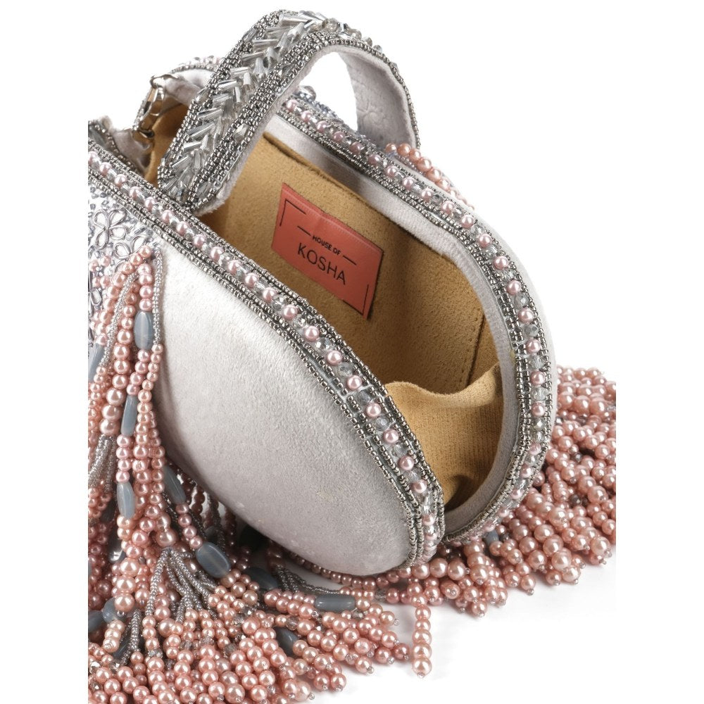 House Of Kosha Azmat Grey Suede Embellished Capsule Clutch