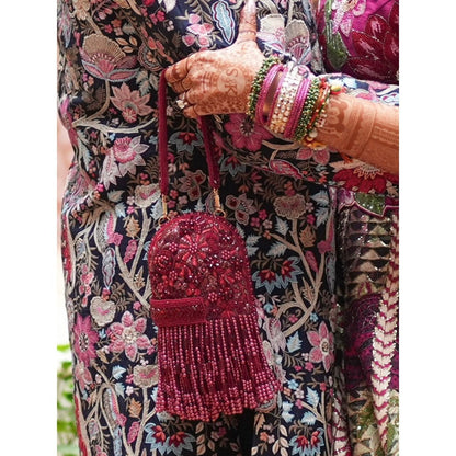 House Of Kosha Azmat Maroon Suede Embellished Capsule Bag