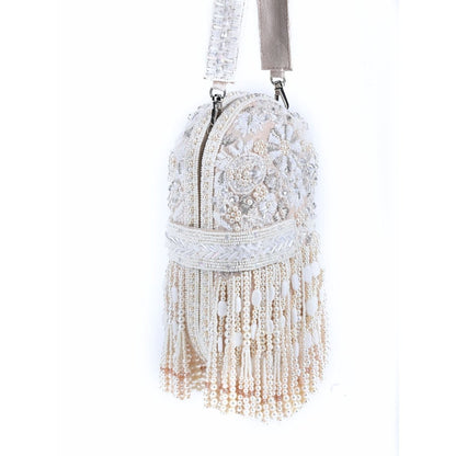 House Of Kosha Azmat Off White Suede Embellished Capsule Bag