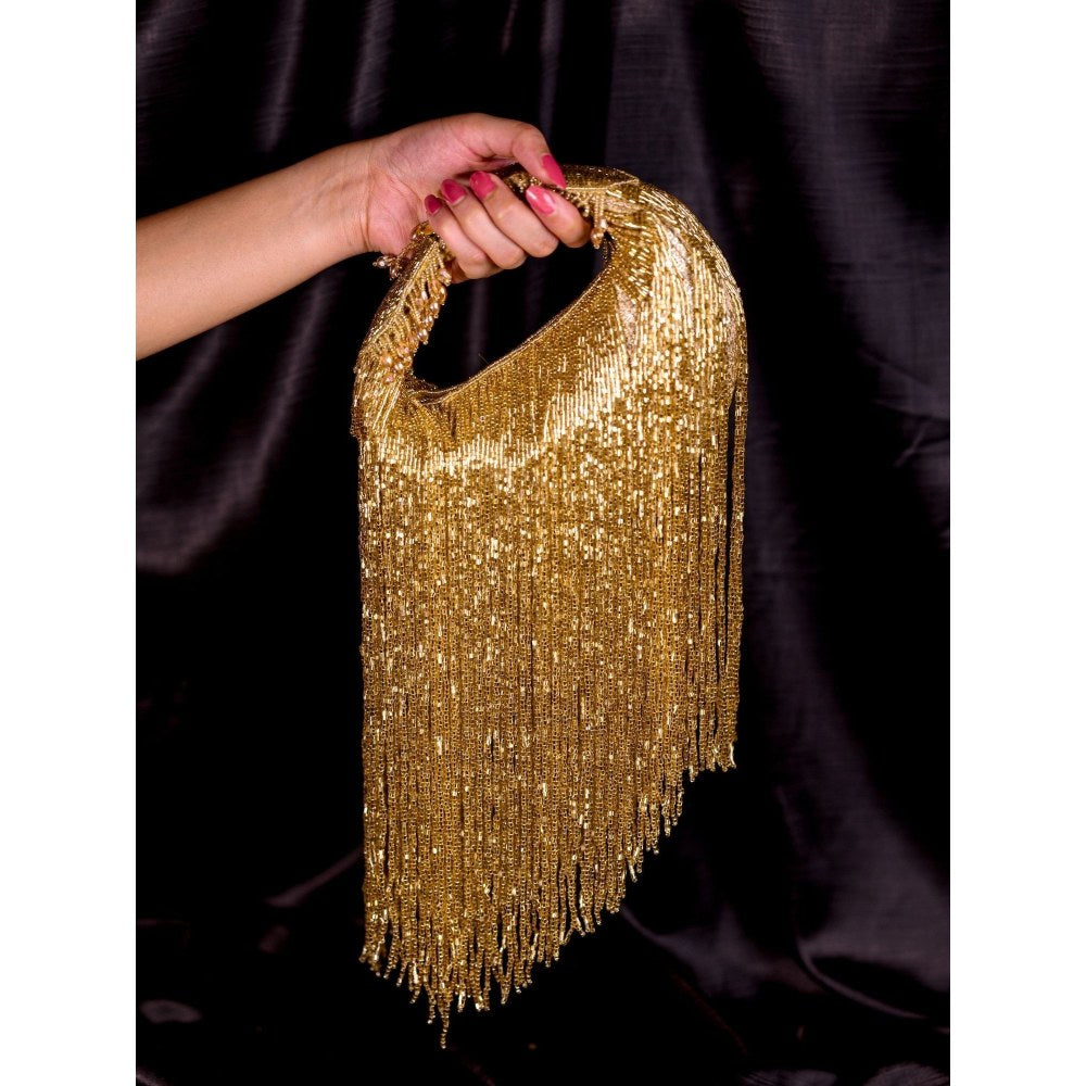 House Of Kosha Bailey Gold Georgette Handcrafted Hand Bag