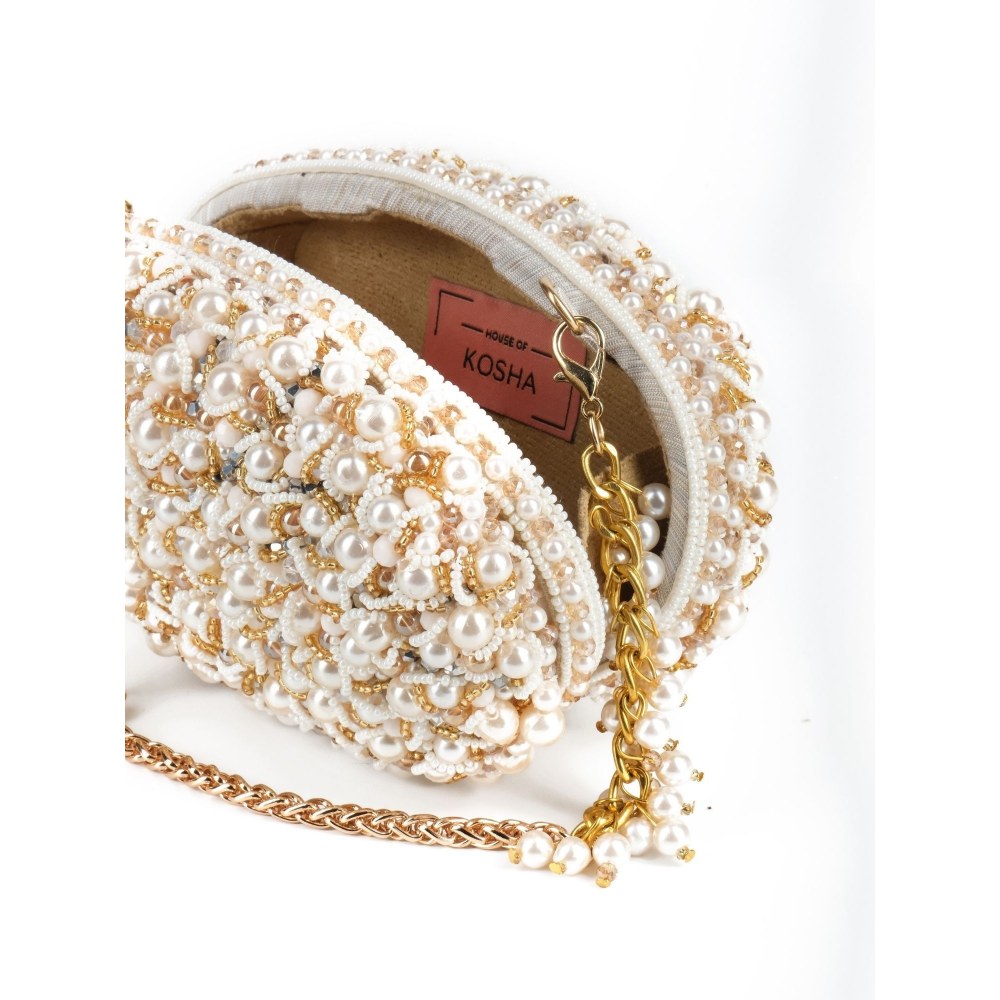 House Of Kosha Chloe Off White Suede Pearl Clutch