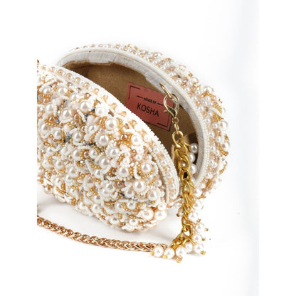 House Of Kosha Chloe Off White Suede Pearl Clutch