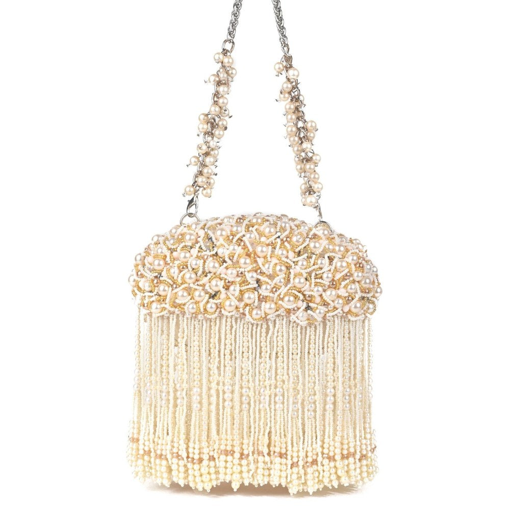 House Of Kosha Chloe Off White Suede with Pearl Hanging Clucth