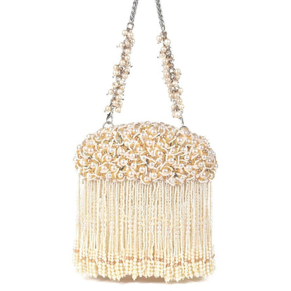 House Of Kosha Chloe Off White Suede with Pearl Hanging Clucth
