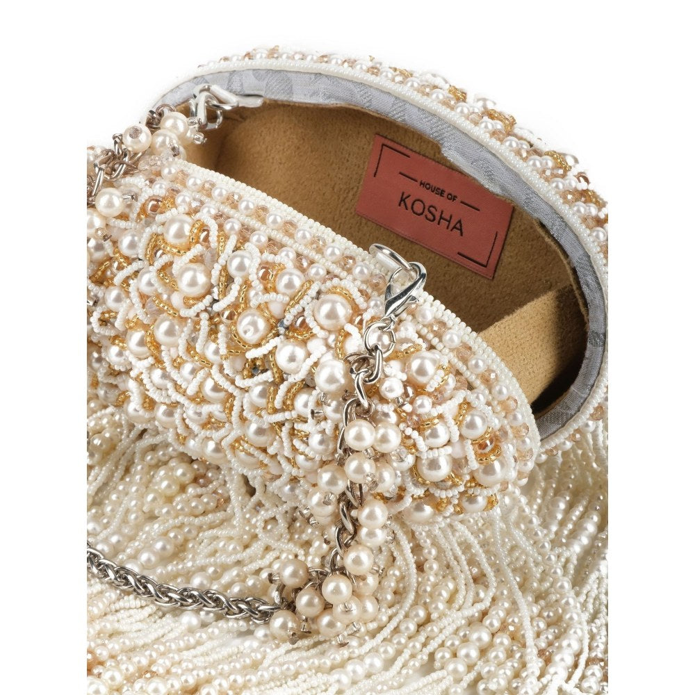 House Of Kosha Chloe Off White Suede with Pearl Hanging Clucth