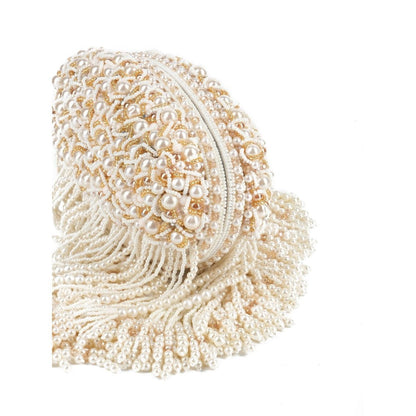 House Of Kosha Chloe Off White Suede with Pearl Hanging Clucth