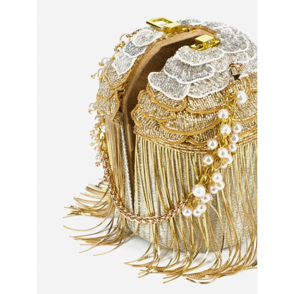 House Of Kosha Ella Gold Georgette Handcrafted Bucket Bag