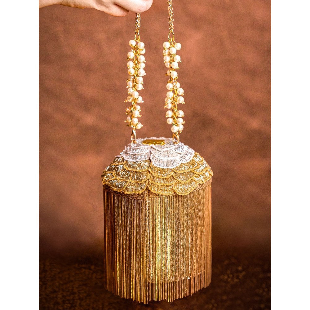 House Of Kosha Ella Gold Georgette Handcrafted Bucket Bag