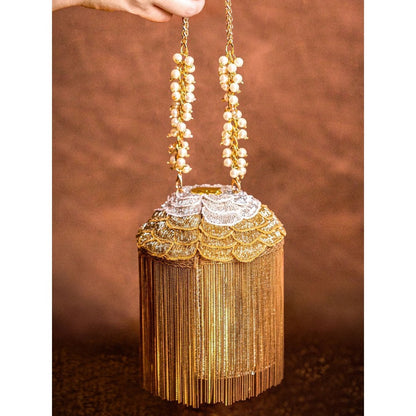 House Of Kosha Ella Gold Georgette Handcrafted Bucket Bag