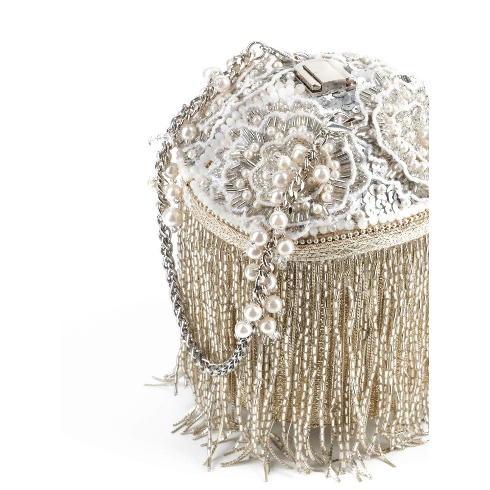 House Of Kosha Ella Silver Georgette Handcrafted Bucket Bag