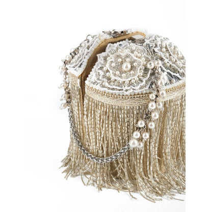House Of Kosha Ella Silver Georgette Handcrafted Bucket Bag