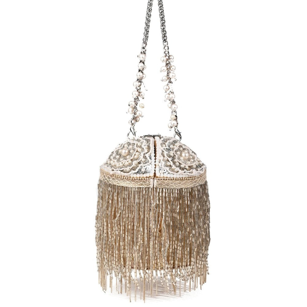 House Of Kosha Ella Silver Georgette Handcrafted Bucket Bag