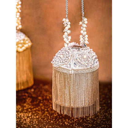 House Of Kosha Ella Silver Georgette Handcrafted Bucket Bag