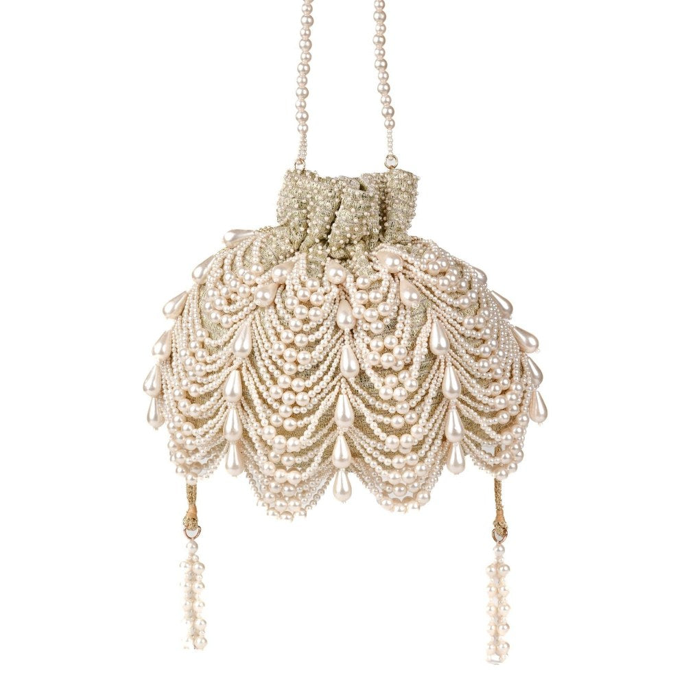 House Of Kosha Farah Gold Suede Pearl Potli Bag