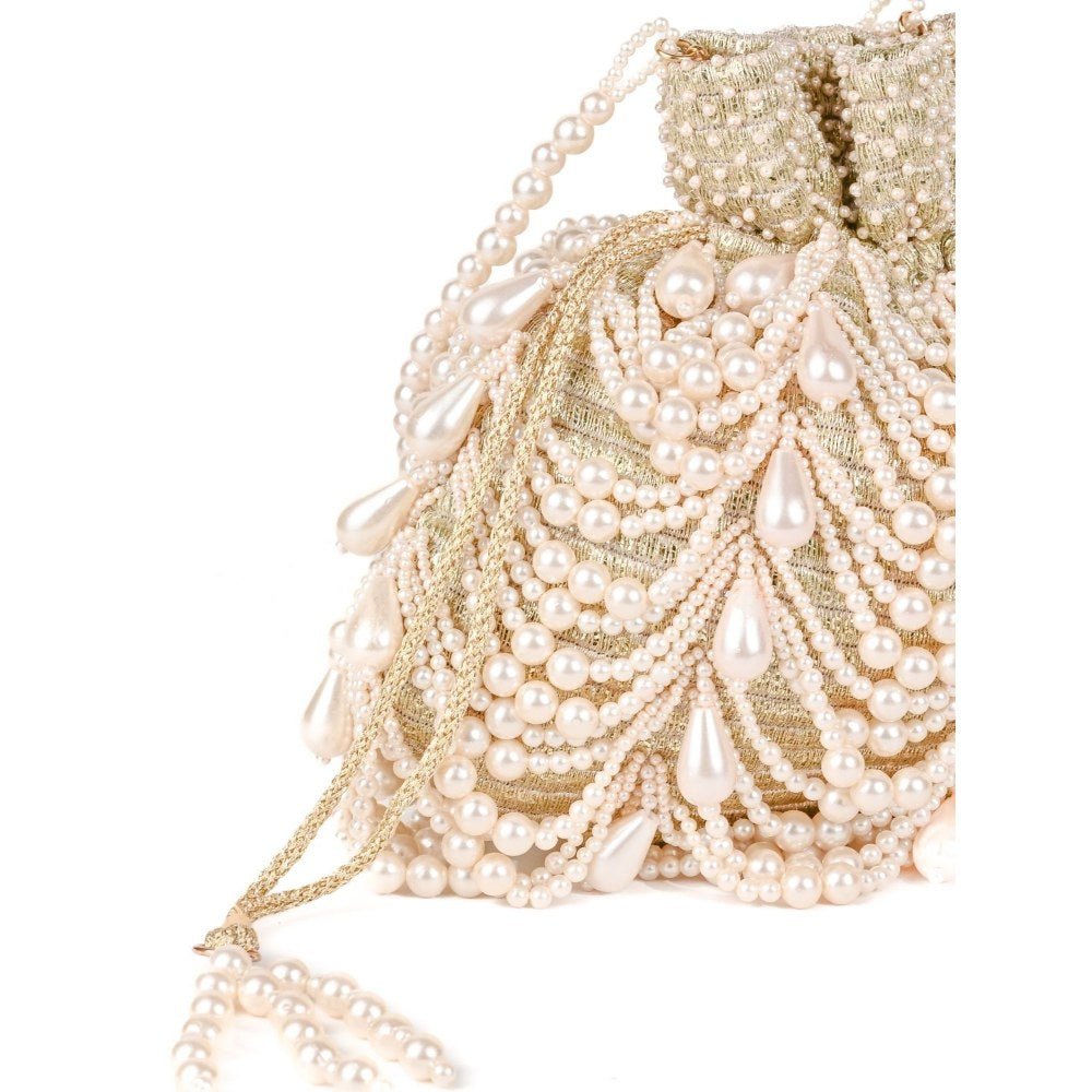 House Of Kosha Farah Gold Suede Pearl Potli Bag