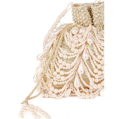 House Of Kosha Farah Gold Suede Pearl Potli Bag