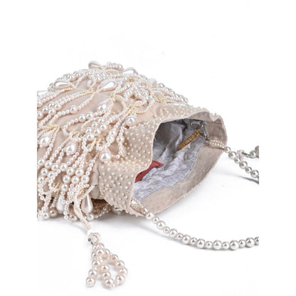 House Of Kosha Farah Ivory Suede Pearl Potli Bag
