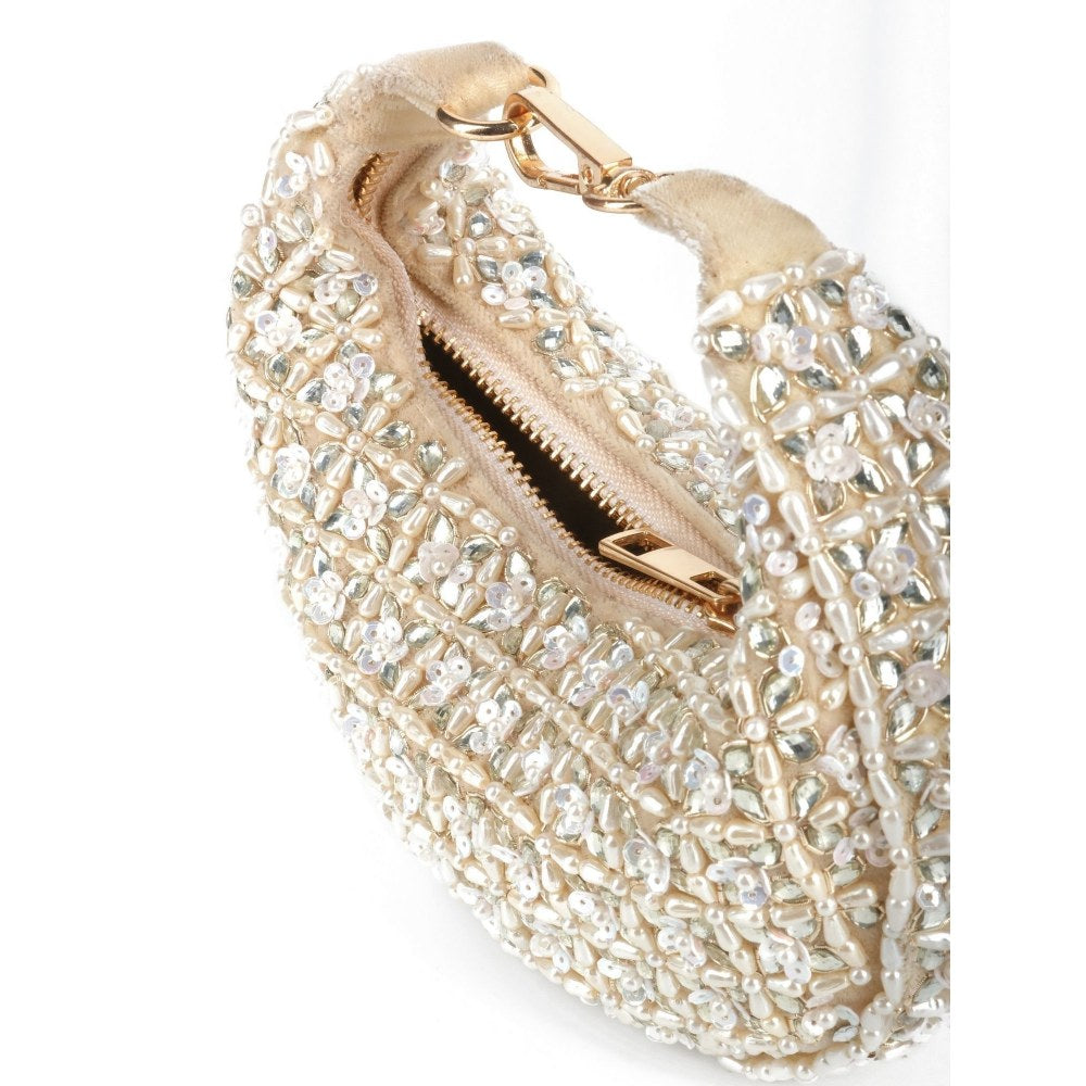 House Of Kosha Fiza Off White Suede Embelished Hobo Bag