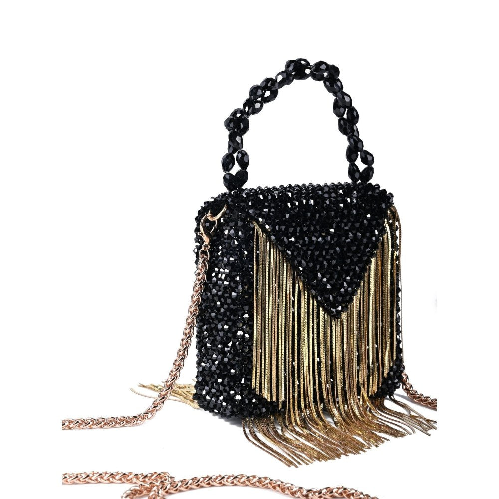 House Of Kosha Natali Black Embellished Mini Bag with Gold Chain