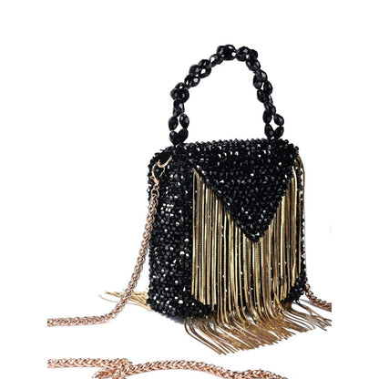 House Of Kosha Natali Black Embellished Mini Bag with Gold Chain
