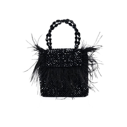 House Of Kosha Natali Black Embellished with Feathers Mini Handbag
