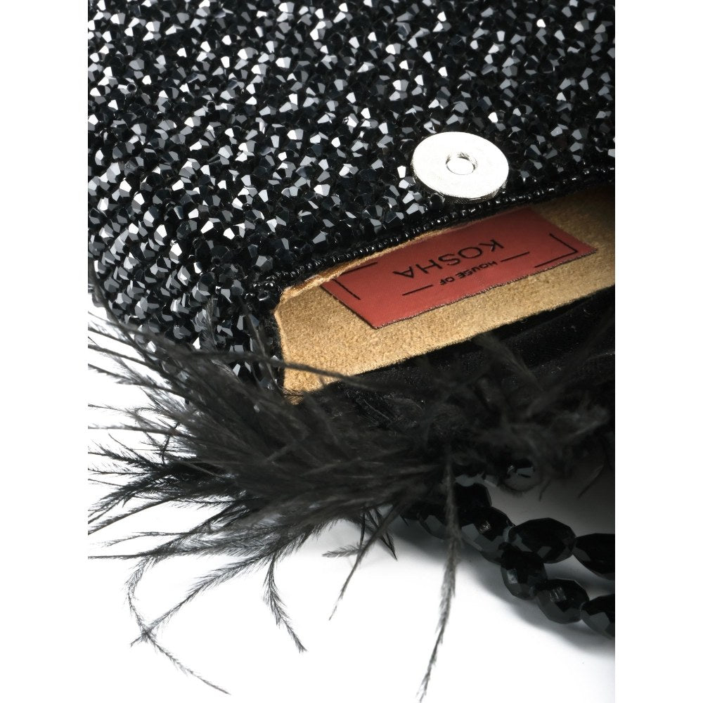 House Of Kosha Natali Black Embellished with Feathers Mini Handbag