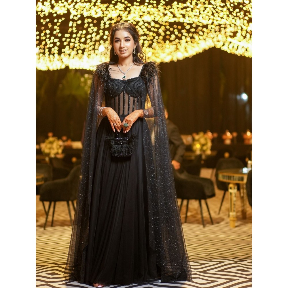 House Of Kosha Natali Black Embellished with Feathers Mini Handbag