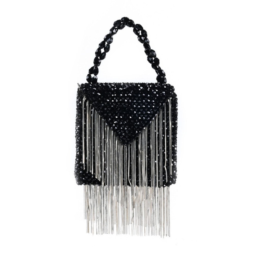House Of Kosha Natali Black Embellished with Silver Chain Mini Handbag