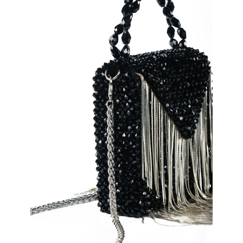 House Of Kosha Natali Black Embellished with Silver Chain Mini Handbag