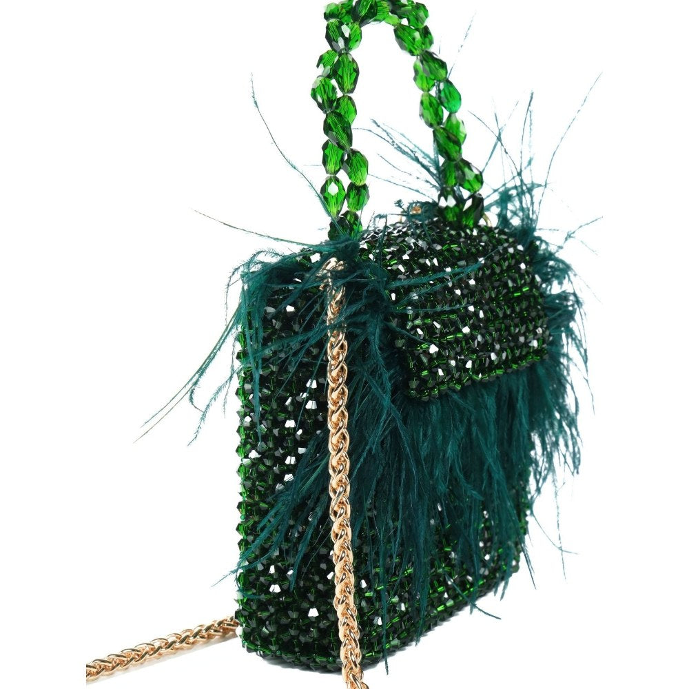 House Of Kosha Natali Green Embellished with Feathers Mini Handbag