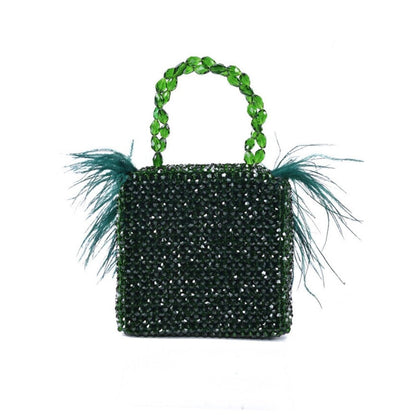 House Of Kosha Natali Green Embellished with Feathers Mini Handbag