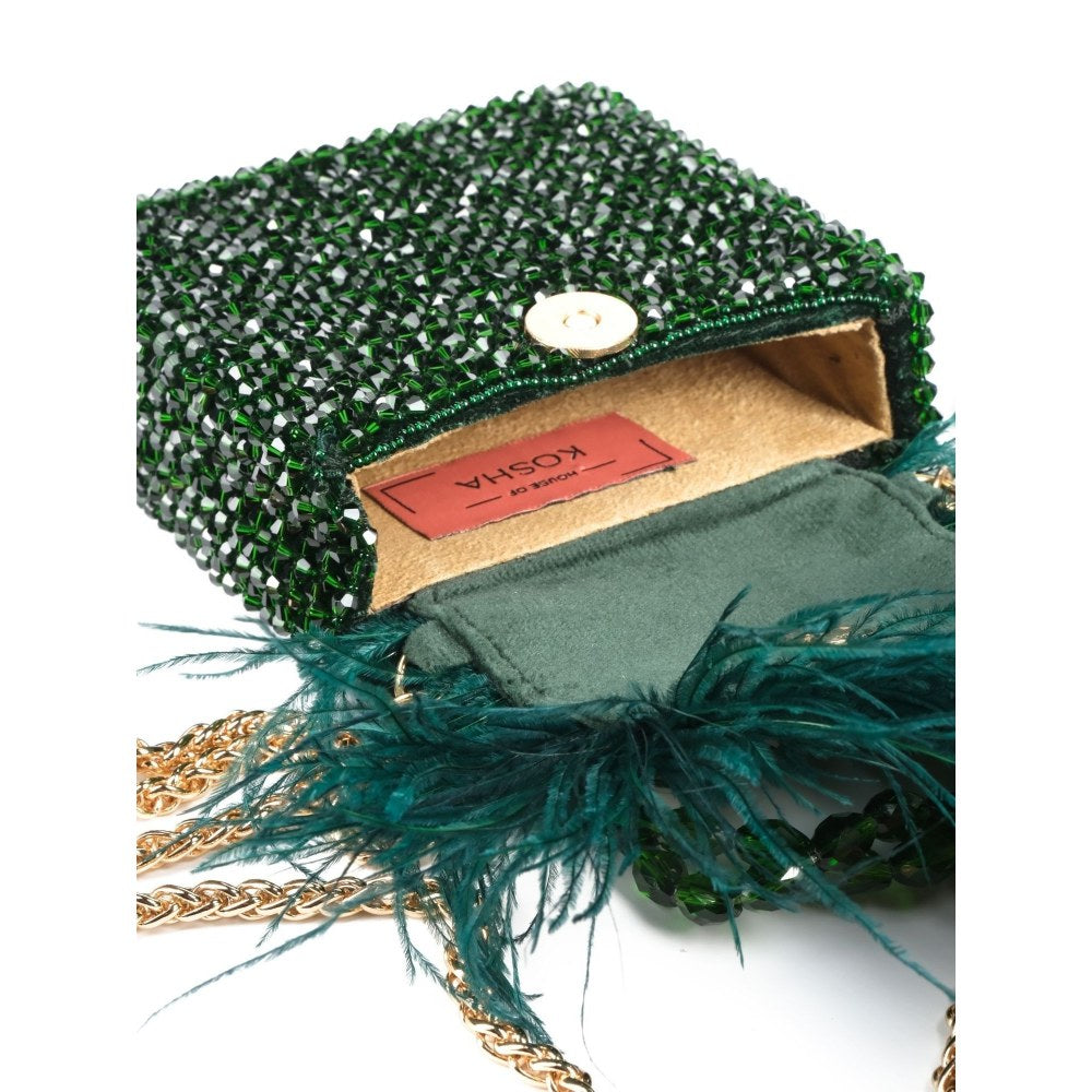 House Of Kosha Natali Green Embellished with Feathers Mini Handbag